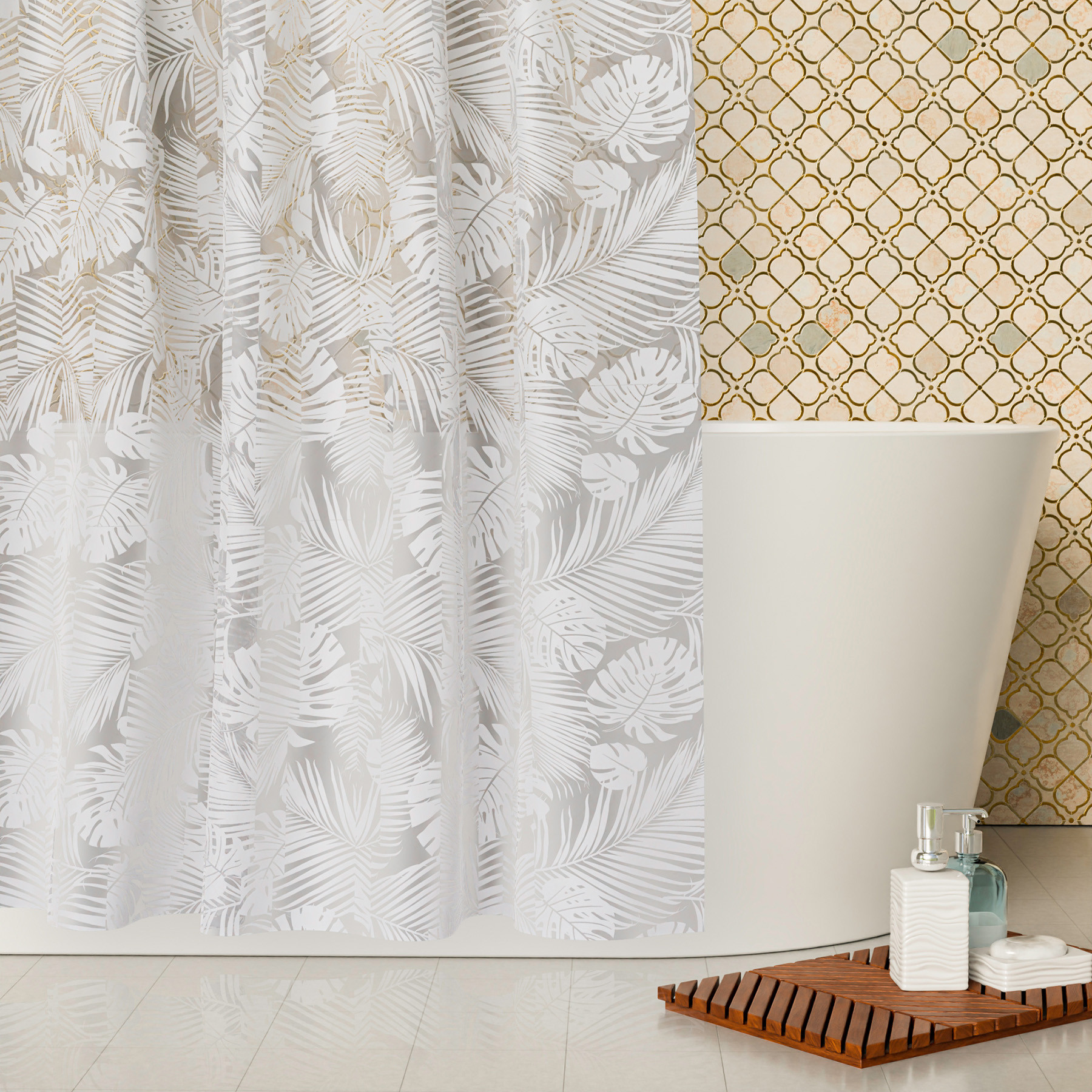 Kuber Industries Shower Curtain | PVC Shower Curtain with Hooks | Shower Curtain for Bathroom | AC Shower Curtain | Self Leaf Bathroom Shower Curtain | 7 Feet | White