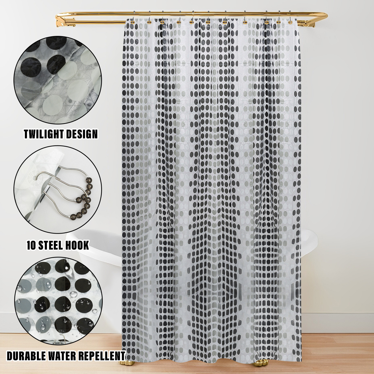 Kuber Industries Shower Curtain | Twilight Design PEVA Curtain for Bathroom | Shower Curtain for Bathroom | Bathroom Shower Curtain with Hooks | 6 Feet | Black