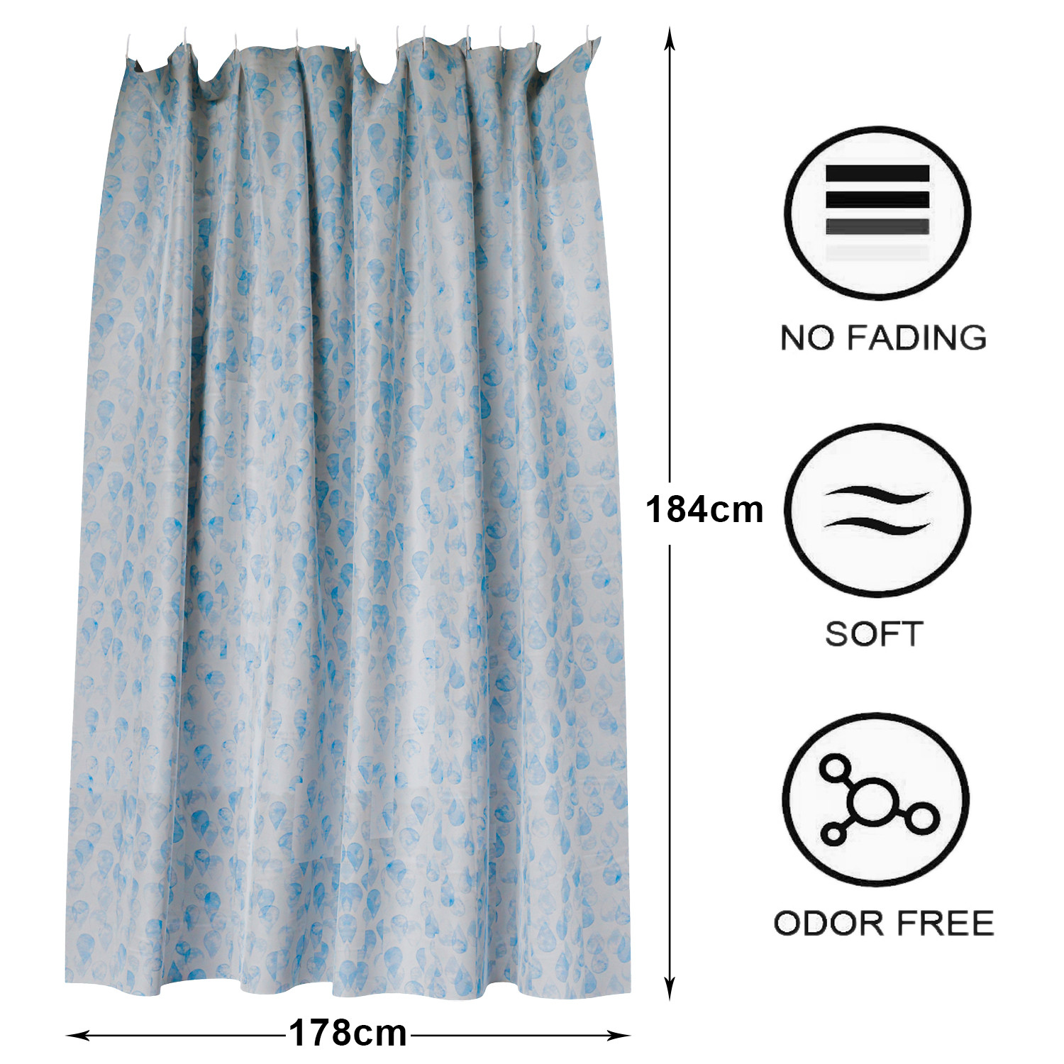 Kuber Industries Shower Curtain | Water Drop Design PEVA Curtain for Bathroom | Shower Curtain for Bathroom | Bathroom Shower Curtain with Hooks | 6 Feet | Blue