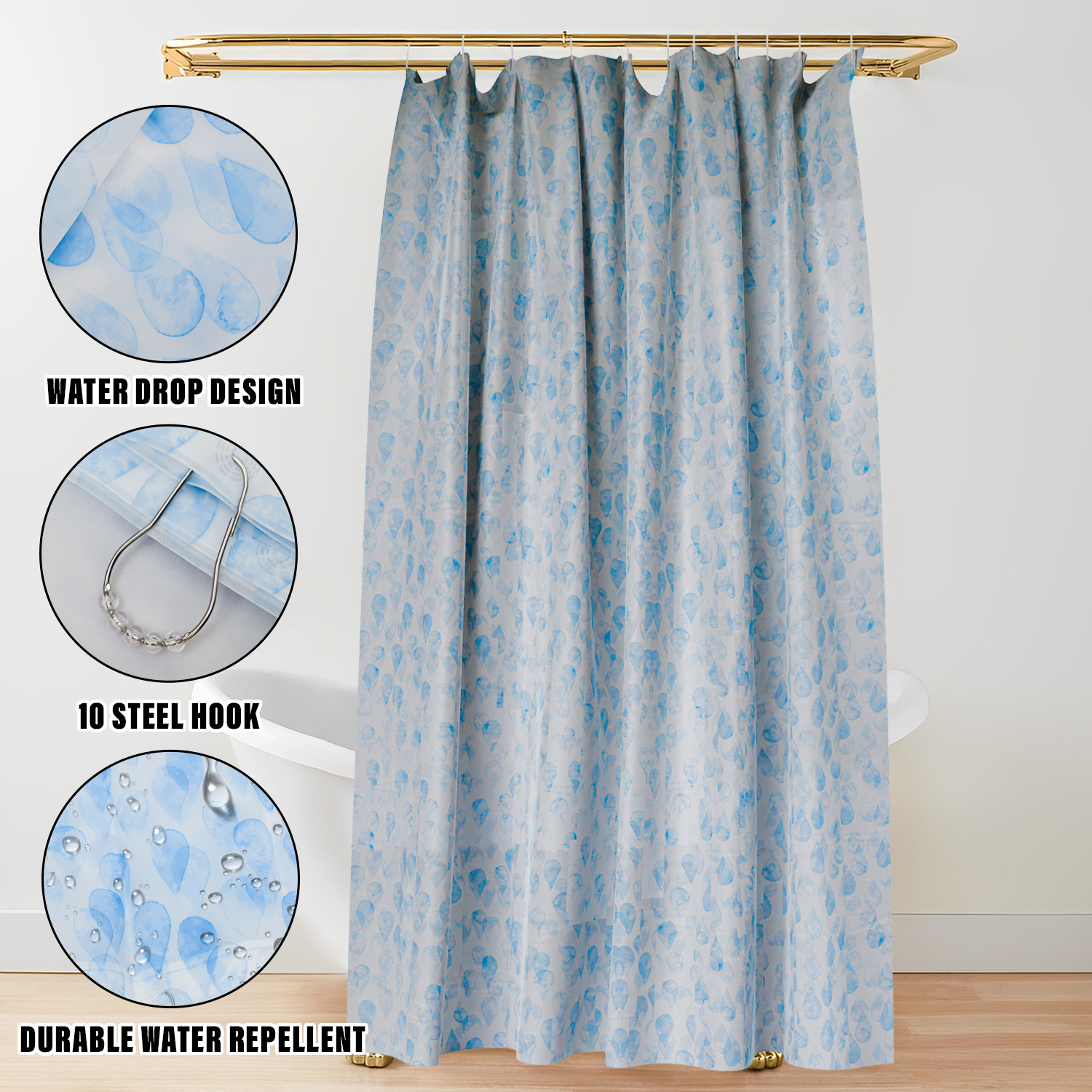 Kuber Industries Shower Curtain | Water Drop Design PEVA Curtain for Bathroom | Shower Curtain for Bathroom | Bathroom Shower Curtain with Hooks | 6 Feet | Blue
