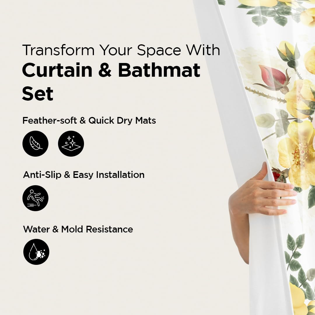 Kuber Industries Shower Curtain & Bathmat Set | Non-Slip Bath mats for Bathroom | Easy-Slide Curtains | Polyester Curtain or Bathmat for Bath DÃ©cor | XTL212-3T | 3 Pcs Set | Multicolor