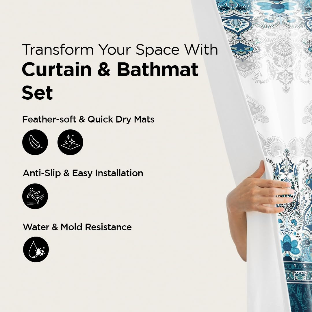 Kuber Industries Shower Curtain & Bathmat Set | Non-Slip Bath mats for Bathroom | Easy-Slide Curtains | Polyester Curtain or Bathmat for Bath DÃ©cor | XTL224-3T | 3 Pcs Set | Multicolor