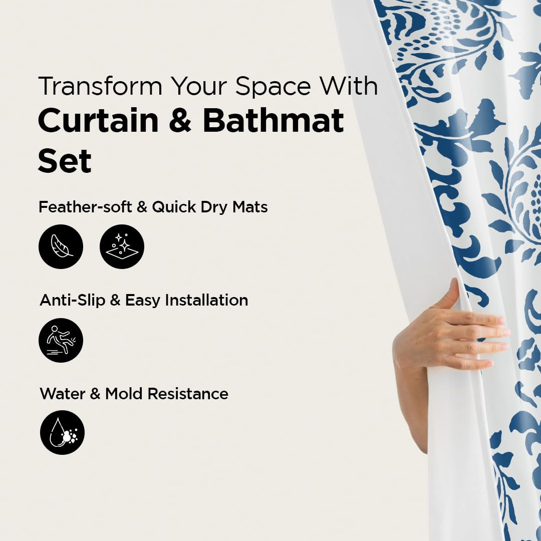 Kuber Industries Shower Curtain & Bathmat Set | Non-Slip Bath mats for Bathroom | Easy-Slide Curtains | Polyester Curtain or Bathmat for Bath DÃ©cor | XTL237-3T | 3 Pcs Set | Multicolor