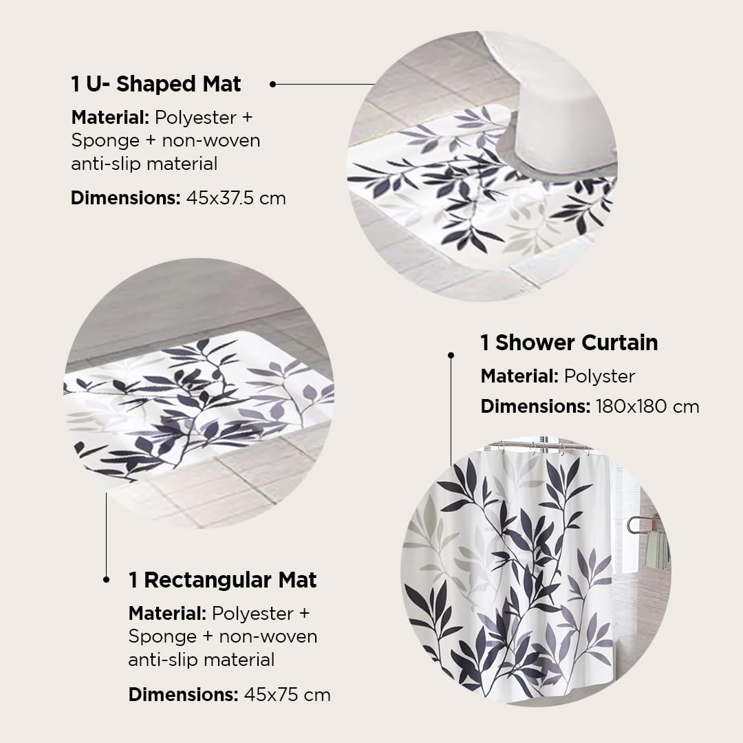 Kuber Industries Shower Curtain & Bathmat Set | Non-Slip Bath mats for Bathroom | Easy-Slide Curtains | Polyester Curtain or Bathmat for Bath DÃ©cor | XTL247-3T | 3 Pcs Set | Multicolor