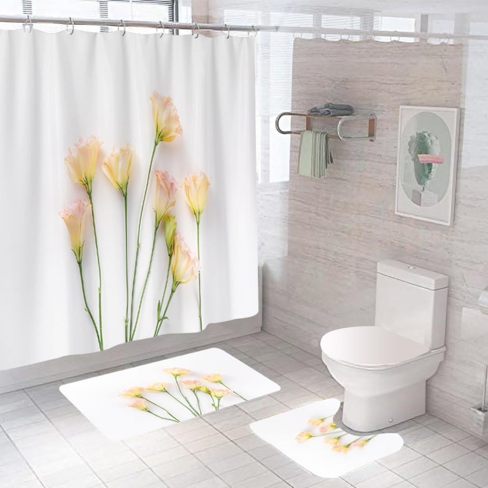 Kuber Industries Shower Curtain &amp; Bathmat Set | Non-Slip Bath mats for Bathroom | Easy-Slide Curtains | Polyester Curtain or Bathmat for Bath DÃ©cor | XTL260-3T | 3 Pcs Set | Multicolor