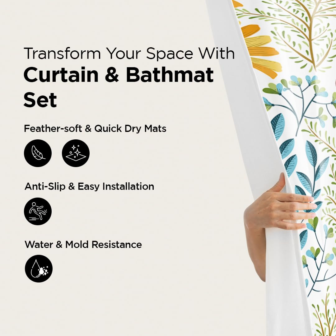 Kuber Industries Shower Curtain & Bathmat Set | Non-Slip Bath mats for Bathroom | Easy-Slide Curtains | Polyester Curtain or Bathmat for Bath DÃ©cor | XTL313-3T | 3 Pcs Set | Multicolor