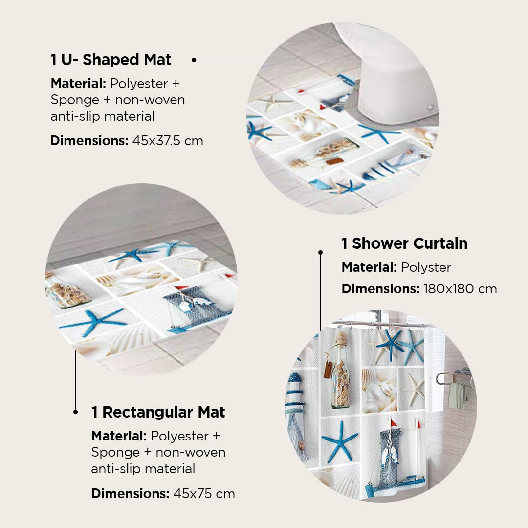 Kuber Industries Shower Curtain & Bathmat Set | Non-Slip Bath mats for Bathroom | Easy-Slide Curtains | Polyester Curtain or Bathmat for Bath DÃ©cor | XTL329-3T | 3 Pcs Set | Multicolor