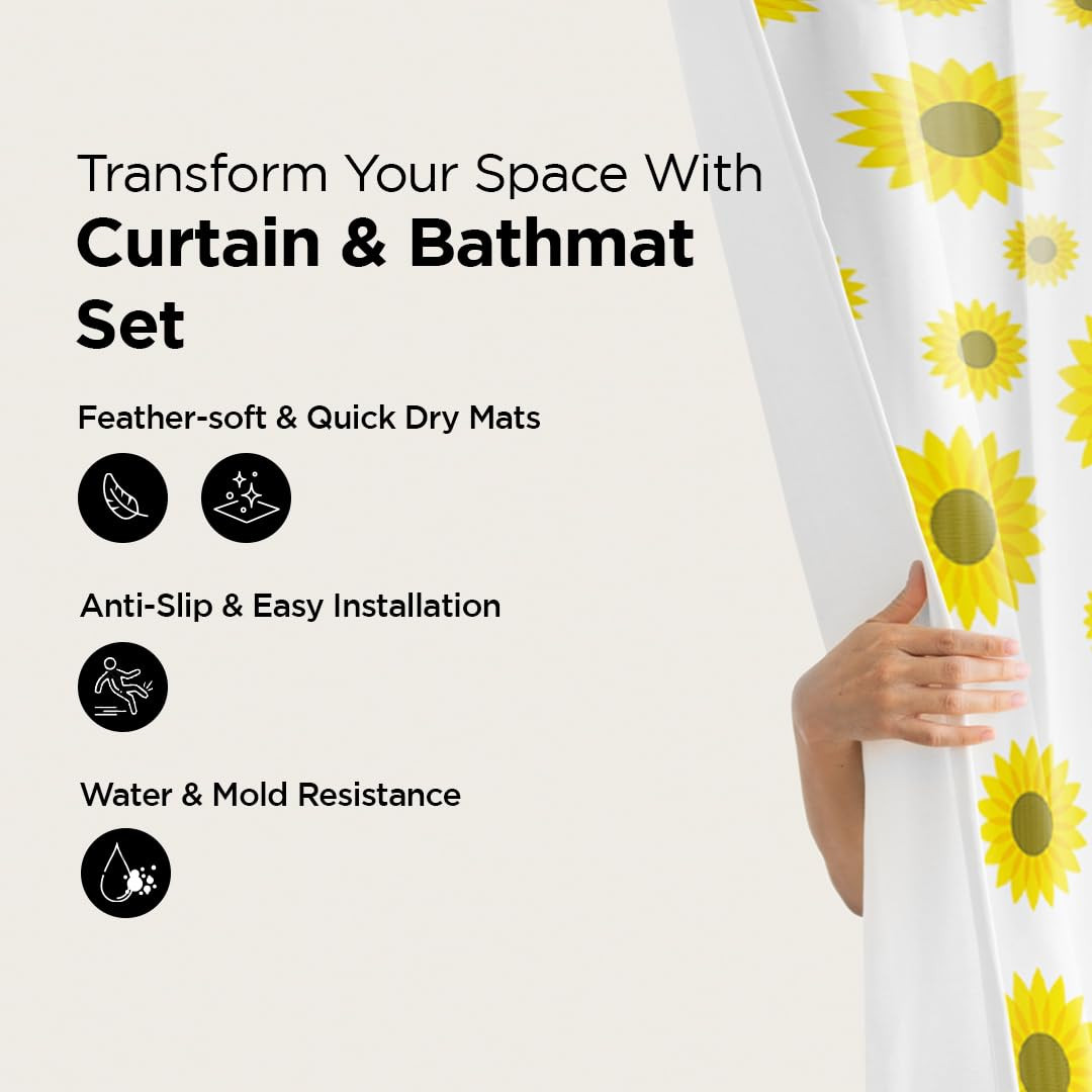 Kuber Industries Shower Curtain & Bathmat Set | Non-Slip Bath mats for Bathroom | Easy-Slide Curtains | Polyester Curtain or Bathmat for Bath DÃ©cor | XTL341-3T | 3 Pcs Set | Multicolor