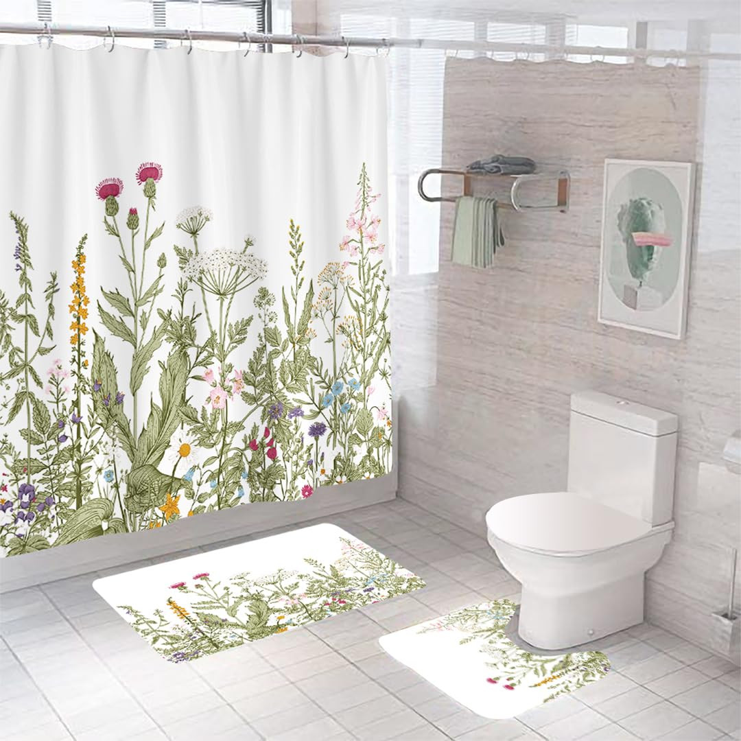 Kuber Industries Shower Curtain & Bathmat Set | Non-Slip Bath mats for Bathroom | Easy-Slide Curtains | Polyester Curtain or Bathmat for Bath DÃ©cor | XTL377-3T | 3 Pcs Set | Multicolor