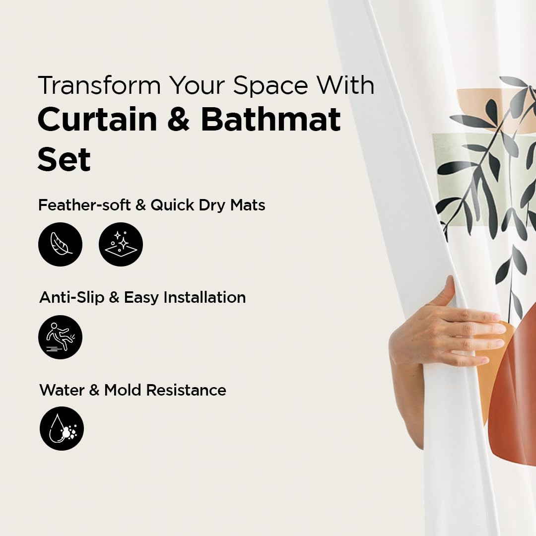 Kuber Industries Shower Curtain & Bathmat Set | Non-Slip Bath mats for Bathroom | Easy-Slide Curtains | Polyester Curtain or Bathmat for Bath DÃ©cor | XTL401-3T | 3 Pcs Set | Multicolor
