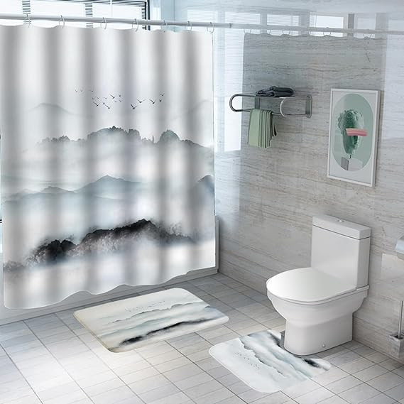 Kuber Industries Shower Curtain & Bathmat Set | Non-Slip Bath mats for Bathroom | Easy-Slide Curtains | Polyester Curtain or Bathmat for Bath DÃ©cor | YF104-3T | 3 Pcs Set | Multicolor