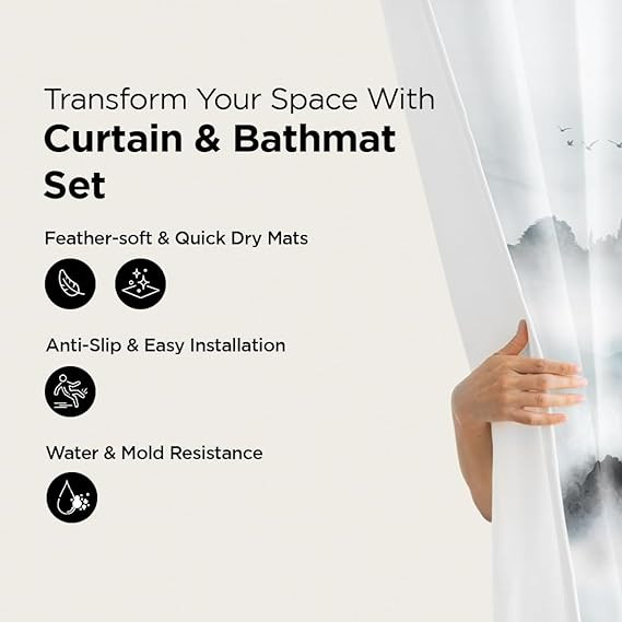 Kuber Industries Shower Curtain & Bathmat Set | Non-Slip Bath mats for Bathroom | Easy-Slide Curtains | Polyester Curtain or Bathmat for Bath DÃ©cor | YF104-3T | 3 Pcs Set | Multicolor
