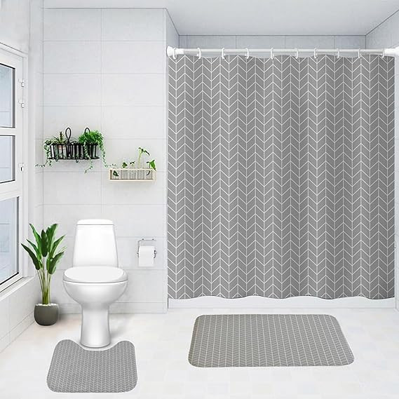 Kuber Industries Shower Curtain & Bathmat Set | Non-Slip Bath mats for Bathroom | Easy-Slide Curtains | Polyester Curtain or Bathmat for Bath DÃ©cor | YX0030- 3T | 3 Pcs Set | Multicolor