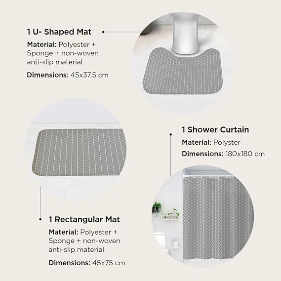 Kuber Industries Shower Curtain & Bathmat Set | Non-Slip Bath mats for Bathroom | Easy-Slide Curtains | Polyester Curtain or Bathmat for Bath DÃ©cor | YX0030- 3T | 3 Pcs Set | Multicolor