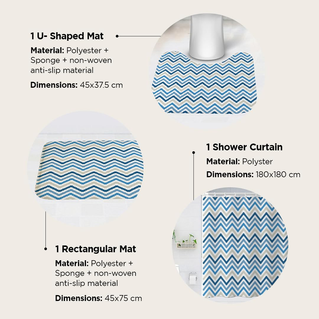 Kuber Industries Shower Curtain & Bathmat Set | Non-Slip Bath mats for Bathroom | Easy-Slide Curtains | Polyester Curtain or Bathmat for Bath DÃ©cor | YX0137- 3T | 3 Pcs Set | Multicolor