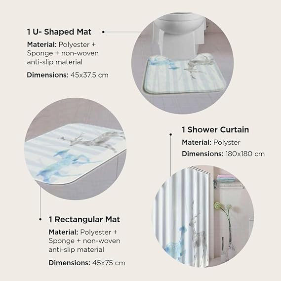 Kuber Industries Shower Curtain & Bathmat Set | Non-Slip Bath mats for Bathroom | Easy-Slide Curtains | Polyester Curtain or Bathmat for Bath DÃ©cor | Z0034-3T | 3 Pcs Set | Multicolor