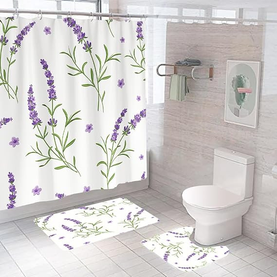 Kuber Industries Shower Curtain & Bathmat Set | Non-Slip Bath mats for Bathroom | Easy-Slide Curtains | Polyester Curtain or Bathmat for Bath DÃ©cor | XTL438-3T | 3 Pcs Set | Multicolor