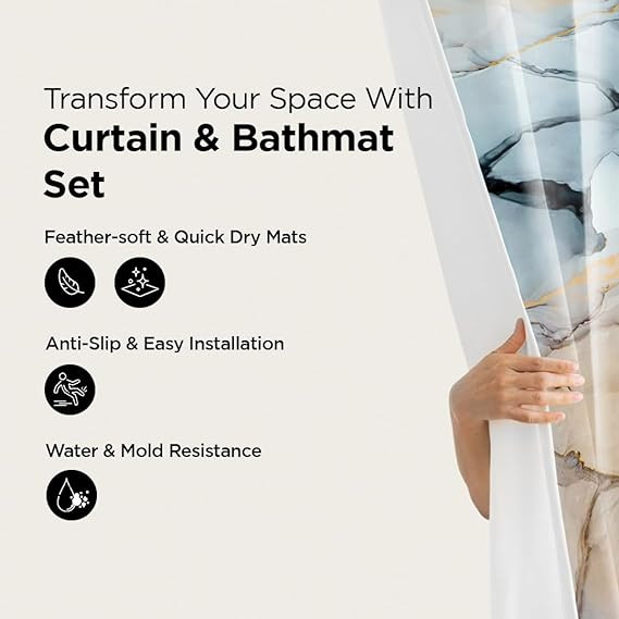 Kuber Industries Shower Curtain & Bathmat Set | Non-Slip Bath mats for Bathroom | Easy-Slide Curtains | Polyester Curtain or Bathmat for Bath DÃ©cor | XTL454-3T | 3 Pcs Set | Multicolor