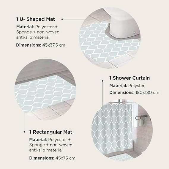 Kuber Industries Shower Curtain & Bathmat Set | Non-Slip Bath mats for Bathroom | Easy-Slide Curtains | Polyester Curtain or Bathmat for Bath DÃ©cor | XTL456-3T | 3 Pcs Set | Multicolor