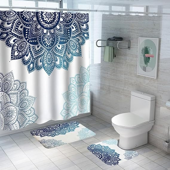 Kuber Industries Shower Curtain & Bathmat Set | Non-Slip Bath mats for Bathroom | Easy-Slide Curtains | Polyester Curtain or Bathmat for Bath DÃ©cor | YF189-3T | 3 Pcs Set | Multicolor