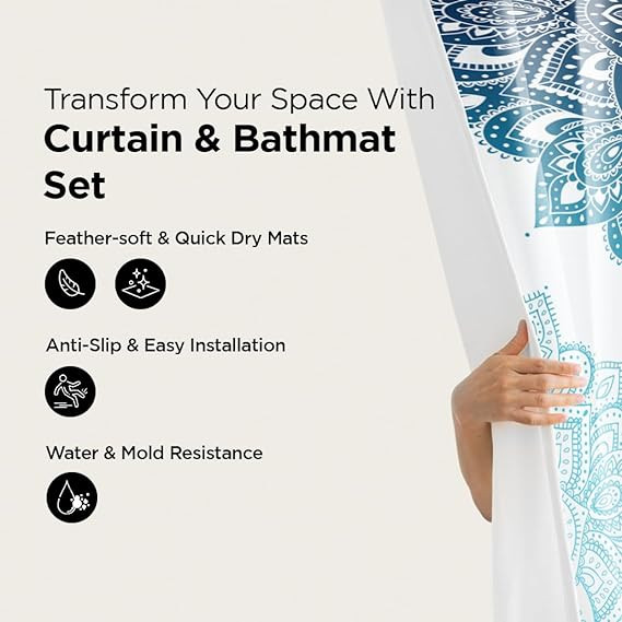 Kuber Industries Shower Curtain & Bathmat Set | Non-Slip Bath mats for Bathroom | Easy-Slide Curtains | Polyester Curtain or Bathmat for Bath DÃ©cor | YF189-3T | 3 Pcs Set | Multicolor