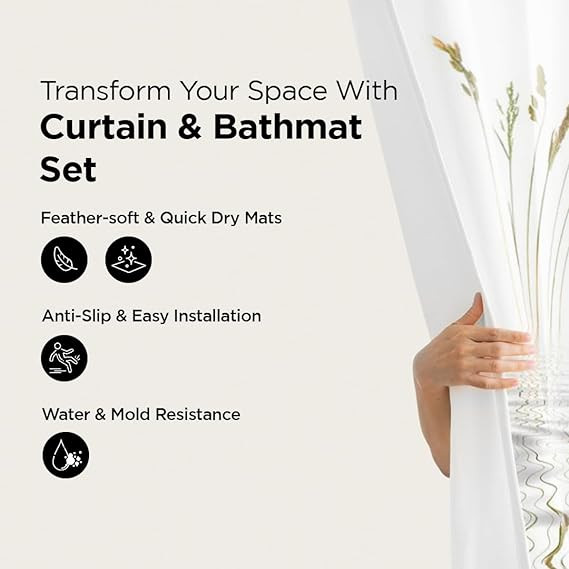 Kuber Industries Shower Curtain & Bathmat Set | Non-Slip Bath mats for Bathroom | Easy-Slide Curtains | Polyester Curtain or Bathmat for Bath DÃ©cor | YF193-3T | 3 Pcs Set | Multicolor
