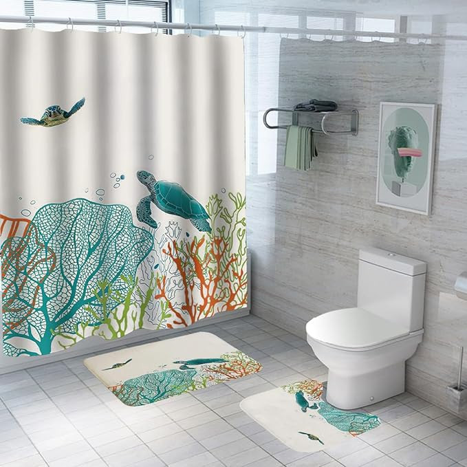 Kuber Industries Shower Curtain & Bathmat Set | Non-Slip Bath mats for Bathroom | Easy-Slide Curtains | Polyester Curtain or Bathmat for Bath DÃ©cor | YF330-3T | 3 Pcs Set | Multicolor
