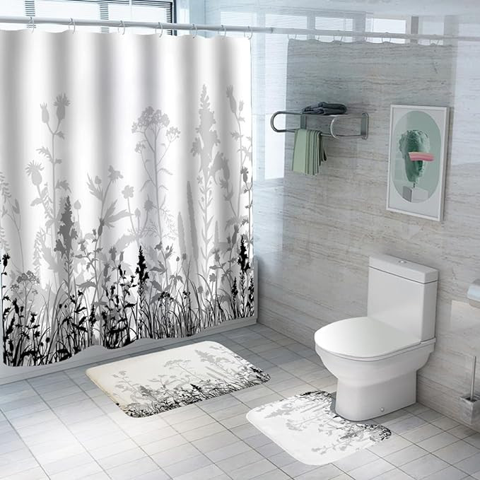 Kuber Industries Shower Curtain & Bathmat Set | Non-Slip Bath mats for Bathroom | Easy-Slide Curtains | Polyester Curtain or Bathmat for Bath DÃ©cor | YF343-3T | 3 Pcs Set | Multicolor