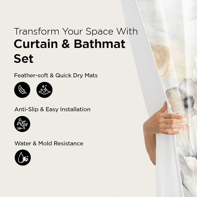 Kuber Industries Shower Curtain & Bathmat Set | Non-Slip Bath mats for Bathroom | Easy-Slide Curtains | Polyester Curtain or Bathmat for Bath DÃ©cor | YF345-3T | 3 Pcs Set | Multicolor
