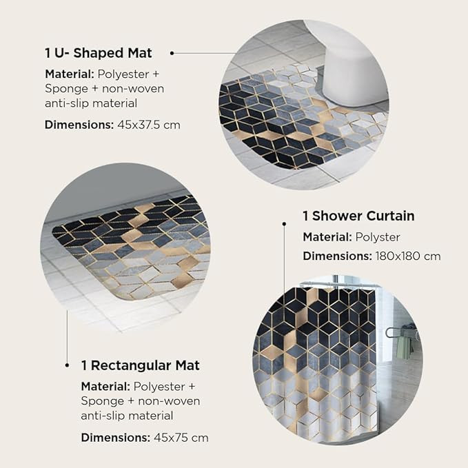 Kuber Industries Shower Curtain & Bathmat Set | Non-Slip Bath mats for Bathroom | Easy-Slide Curtains | Polyester Curtain or Bathmat for Bath DÃ©cor | YF49-3T | 3 Pcs Set | Multicolor