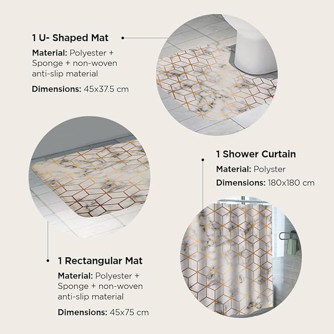 Kuber Industries Shower Curtain & Bathmat Set | Non-Slip Bath mats for Bathroom | Easy-Slide Curtains | Polyester Curtain or Bathmat for Bath DÃ©cor | YF52-3T | 3 Pcs Set | Multicolor