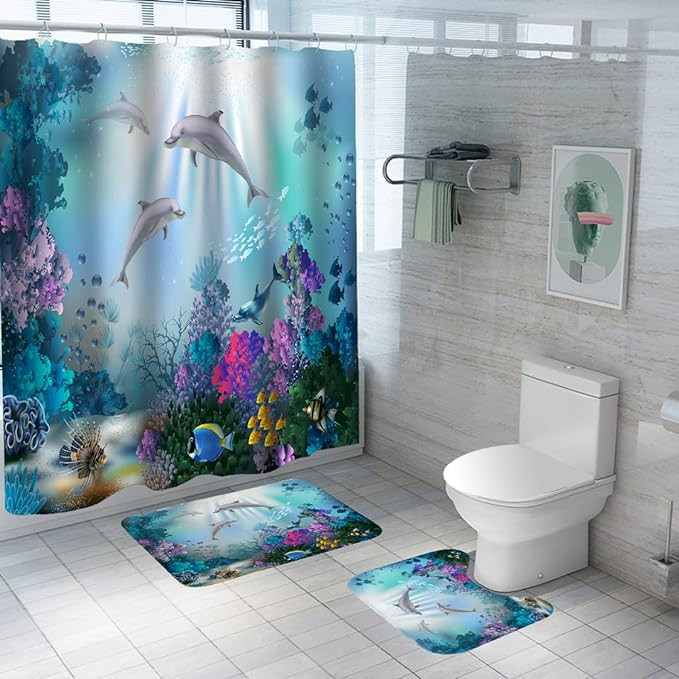 Kuber Industries Shower Curtain & Bathmat Set | Non-Slip Bath mats for Bathroom | Easy-Slide Curtains | Polyester Curtain or Bathmat for Bath DÃ©cor | YF6-3T | 3 Pcs Set | Multicolor