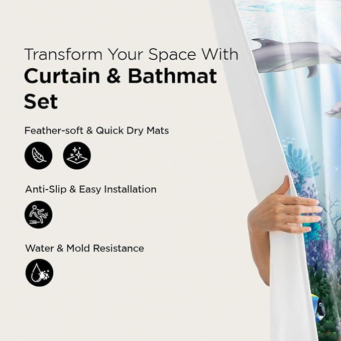 Kuber Industries Shower Curtain & Bathmat Set | Non-Slip Bath mats for Bathroom | Easy-Slide Curtains | Polyester Curtain or Bathmat for Bath DÃ©cor | YF6-3T | 3 Pcs Set | Multicolor