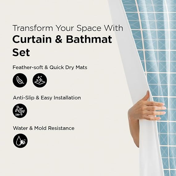 Kuber Industries Shower Curtain & Bathmat Set | Non-Slip Bath mats for Bathroom | Easy-Slide Curtains | Polyester Curtain or Bathmat for Bath DÃ©cor | YX0150-3T | 3 Pcs Set | Multicolor