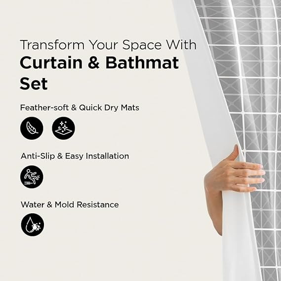 Kuber Industries Shower Curtain & Bathmat Set | Non-Slip Bath mats for Bathroom | Easy-Slide Curtains | Polyester Curtain or Bathmat for Bath DÃ©cor | YX0152-3T | 3 Pcs Set | Multicolor