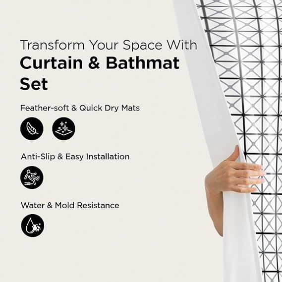 Kuber Industries Shower Curtain & Bathmat Set | Non-Slip Bath mats for Bathroom | Easy-Slide Curtains | Polyester Curtain or Bathmat for Bath DÃ©cor | YX0154-3T | 3 Pcs Set | Multicolor