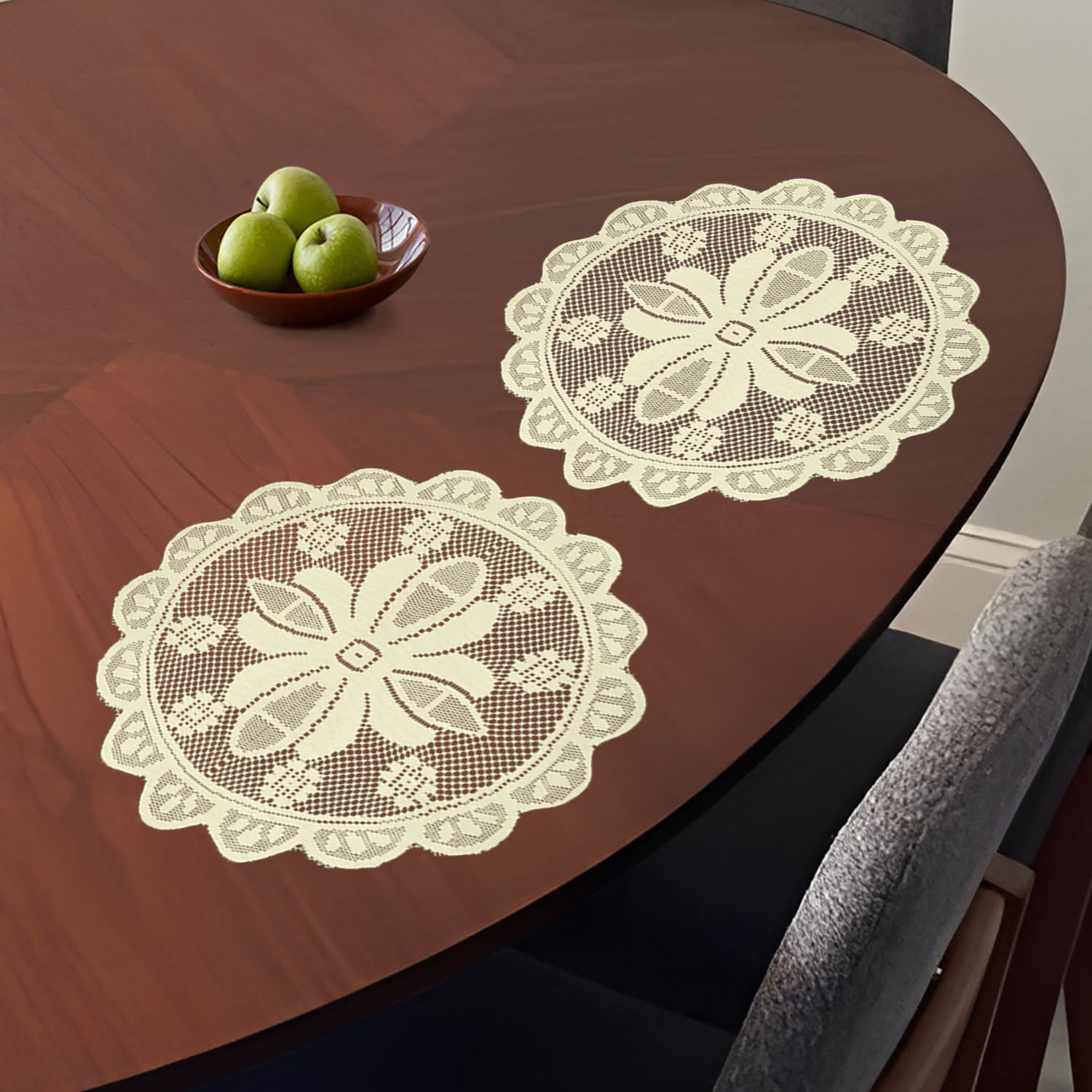 Kuber Industries Side Table Mat | Bed Side Table Mat | Center Table Mats | Round Plain Net Placemat Set | Bed Side Table Placemats for Home Décor | 20 Inch | Pack of 2 | Cream