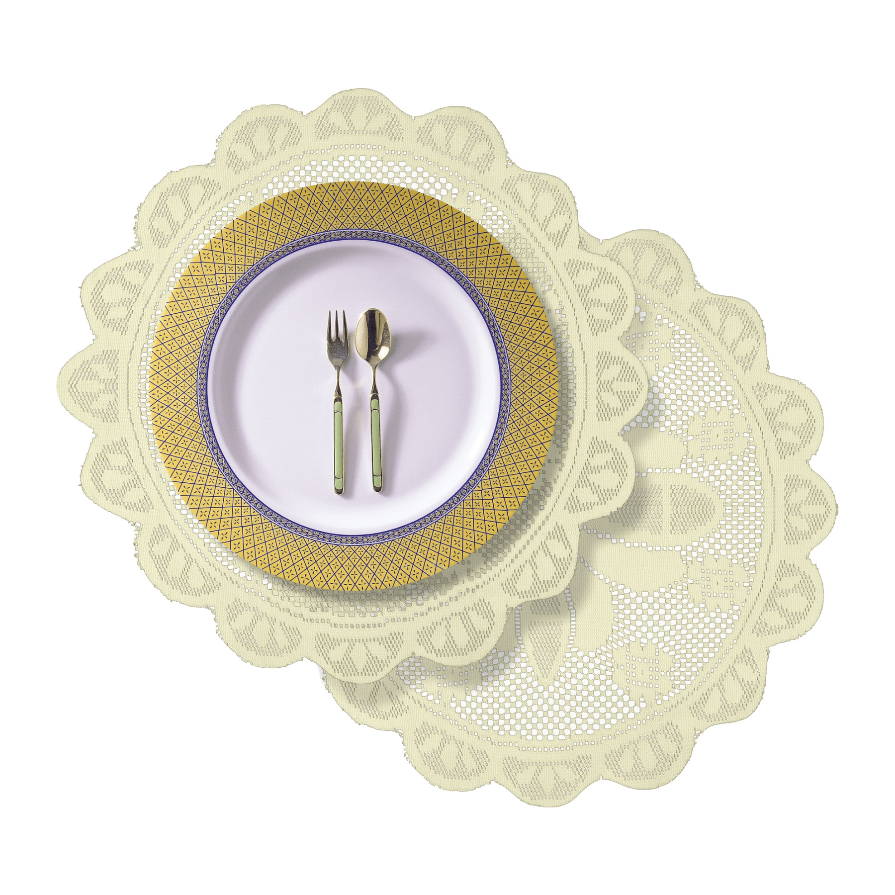 Kuber Industries Side Table Mat | Bed Side Table Mat | Center Table Mats | Round Plain Net Placemat Set | Bed Side Table Placemats for Home Décor | 20 Inch | Pack of 2 | Cream