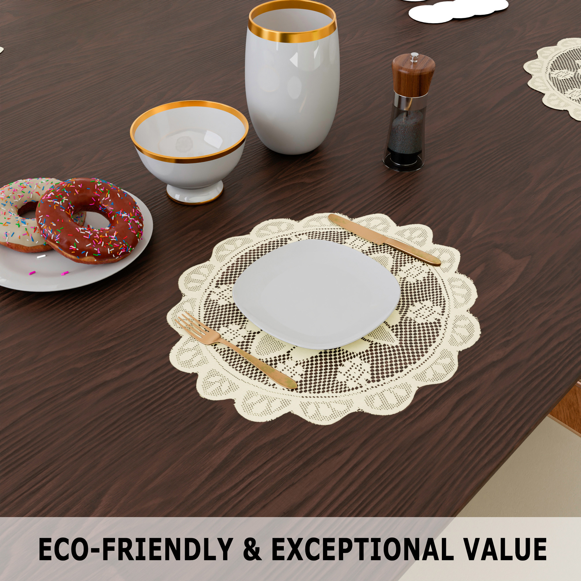 Kuber Industries Side Table Mat | Bed Side Table Mat | Center Table Mats | Round Plain Net Placemat Set | Bed Side Table Placemats for Home Décor | 20 Inch | Pack of 2 | Cream