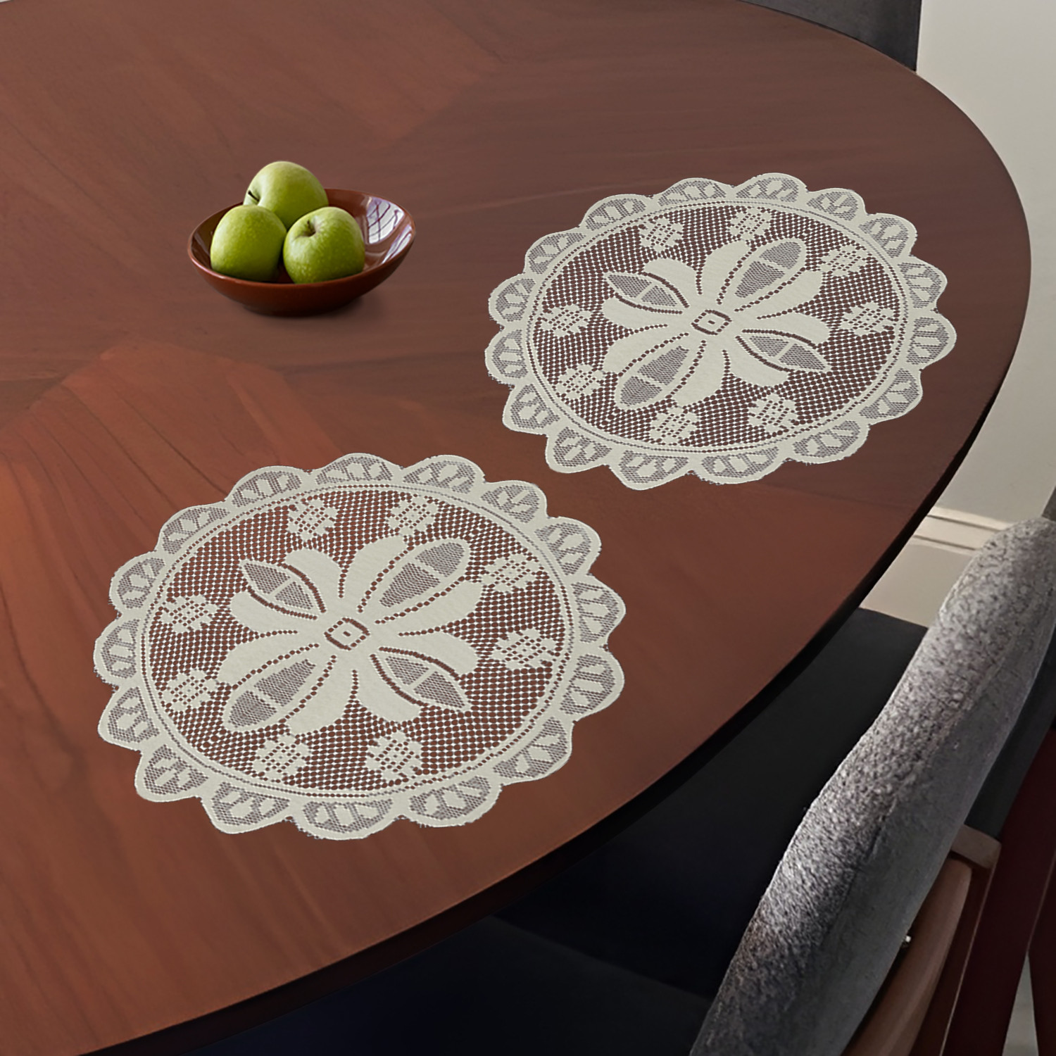 Kuber Industries Side Table Mat | Bed Side Table Mat | Center Table Mats | Round Plain Net Placemat Set | Bed Side Table Placemats for Home Décor | 20 Inch | Pack of 2 | Light Cream