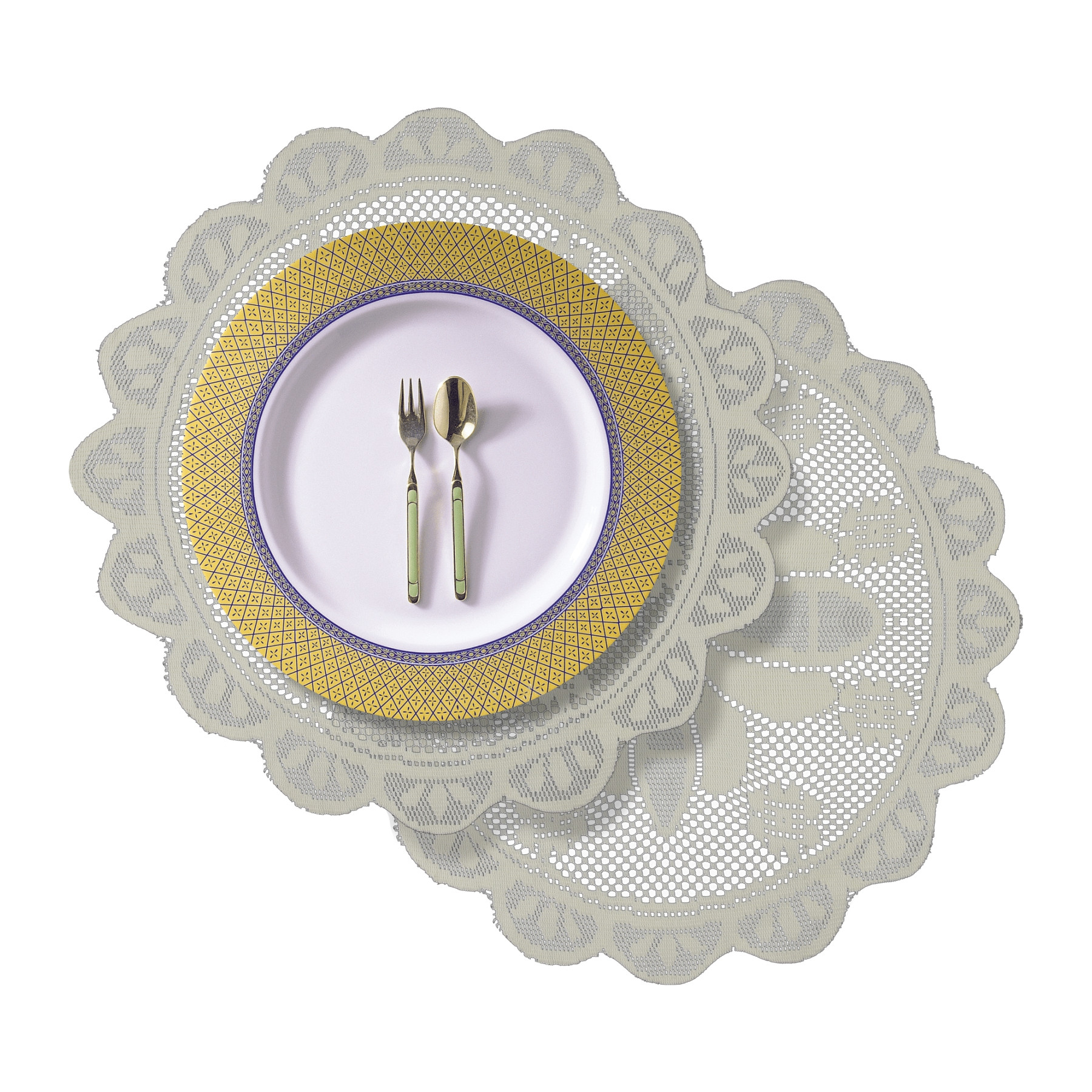 Kuber Industries Side Table Mat | Bed Side Table Mat | Center Table Mats | Round Plain Net Placemat Set | Bed Side Table Placemats for Home Décor | 20 Inch | Pack of 2 | Light Cream