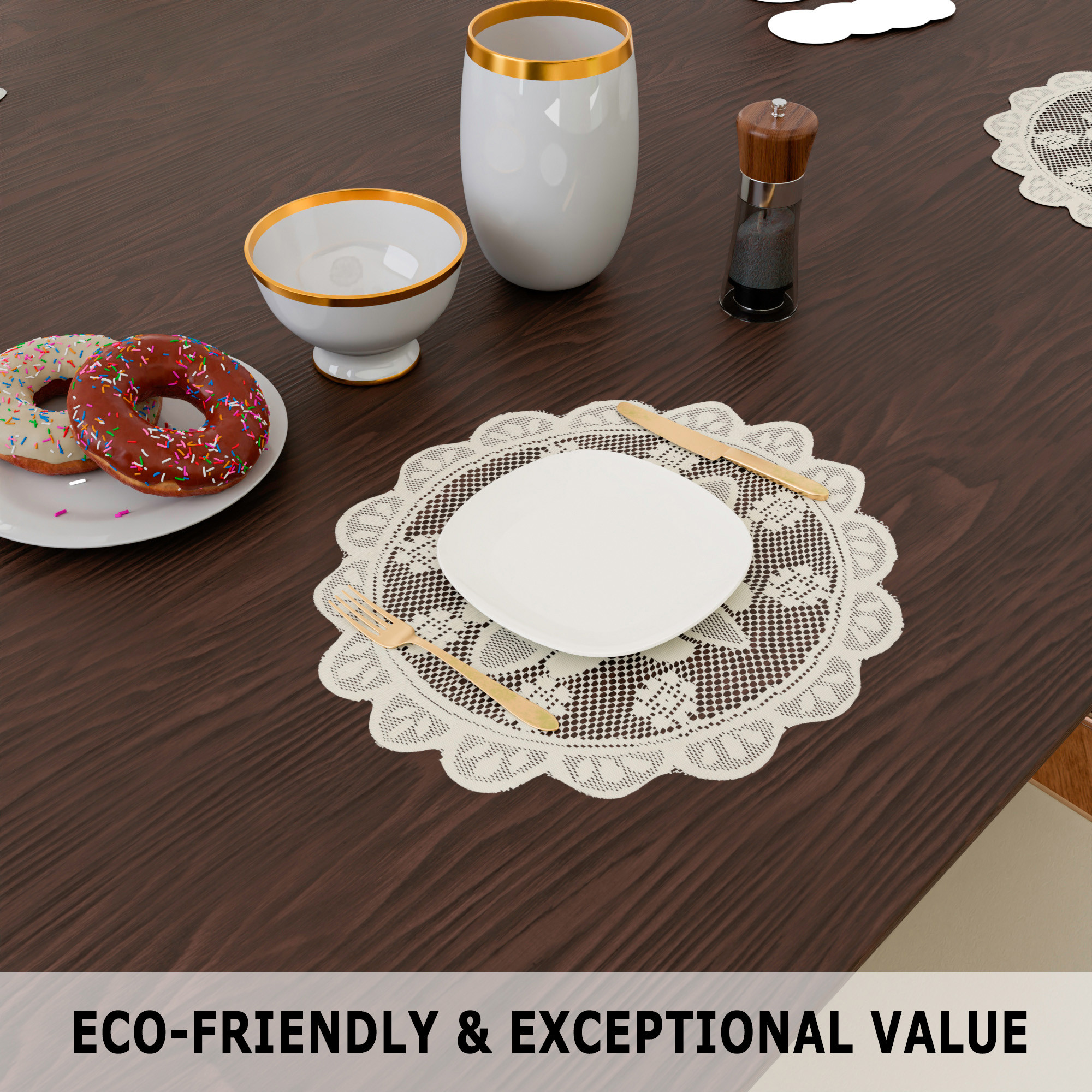 Kuber Industries Side Table Mat | Bed Side Table Mat | Center Table Mats | Round Plain Net Placemat Set | Bed Side Table Placemats for Home Décor | 20 Inch | Pack of 2 | Light Cream
