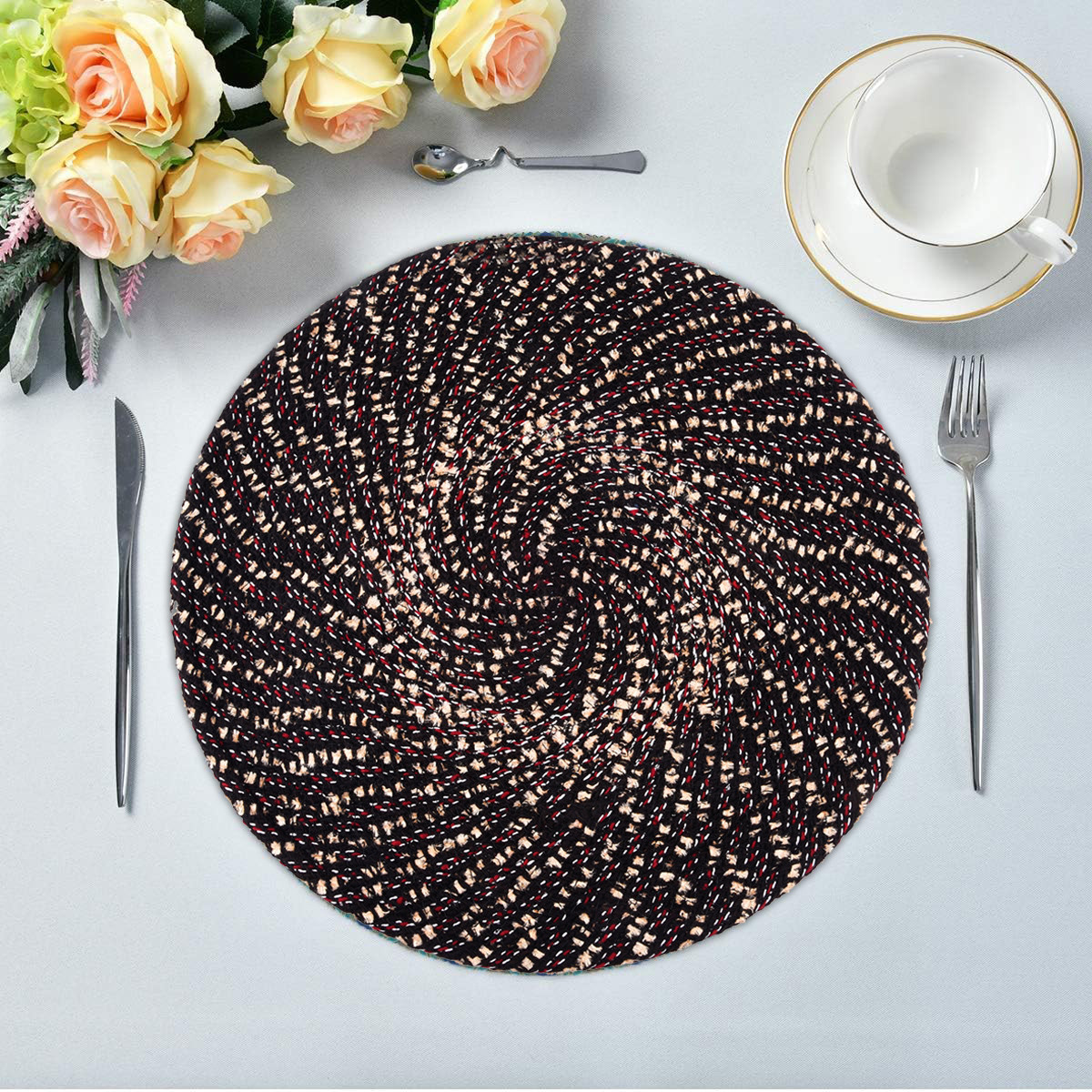 Kuber Industries Side Table Mats | Round Feather Table Mat | Bed-Side Table Mat | Center Table Mat | Reversible Dining Mat | Table Runner Mat | 16 Inch | Small | Brown