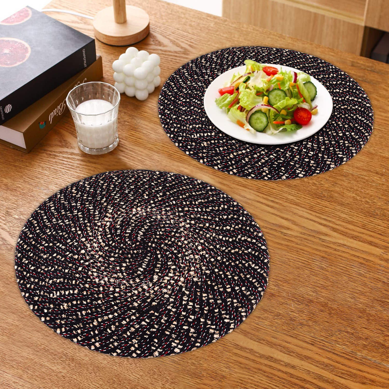 Kuber Industries Side Table Mats | Round Feather Table Mat | Bed-Side Table Mat | Center Table Mat | Reversible Dining Mat | Table Runner Mat | 16 Inch | Small | Brown