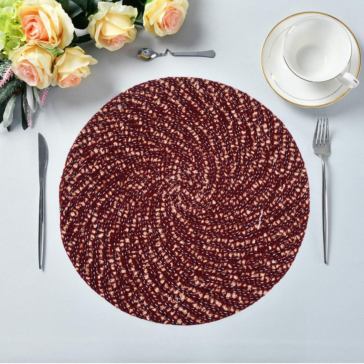 Kuber Industries Side Table Mats | Round Feather Table Mat | Bed-Side Table Mat | Center Table Mat | Reversible Dining Mat | Table Runner Mat | 16 Inch | Small | Maroon