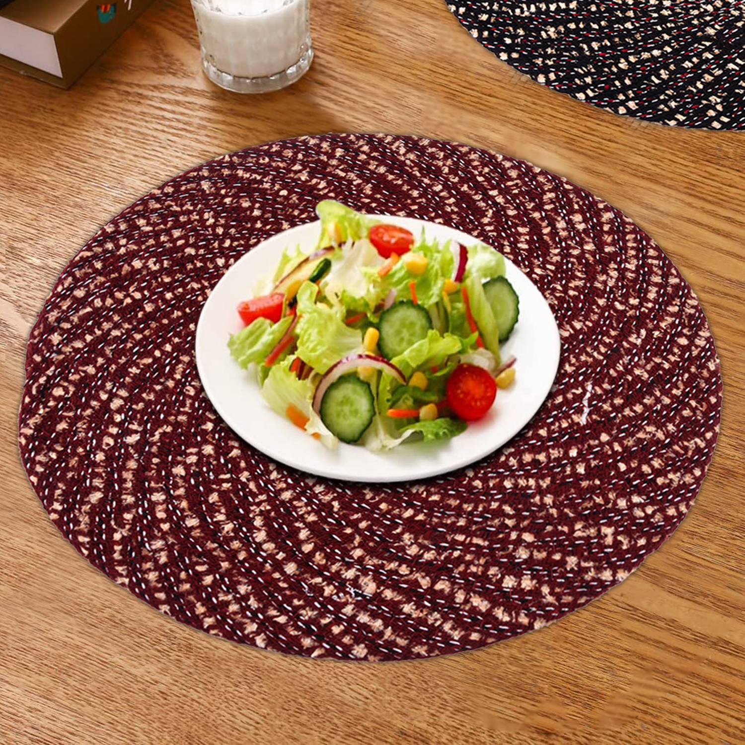 Kuber Industries Side Table Mats | Round Feather Table Mat | Bed-Side Table Mat | Center Table Mat | Reversible Dining Mat | Table Runner Mat | 16 Inch | Small | Maroon