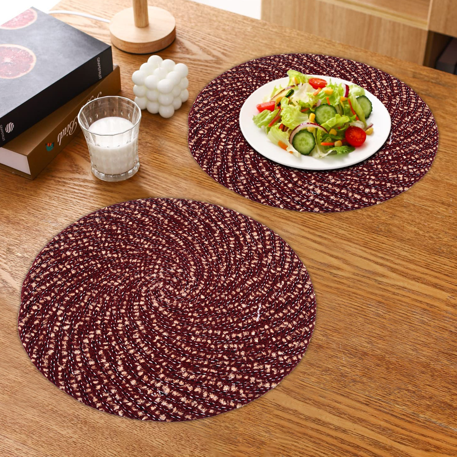 Kuber Industries Side Table Mats | Round Feather Table Mat | Bed-Side Table Mat | Center Table Mat | Reversible Dining Mat | Table Runner Mat | 16 Inch | Small | Maroon