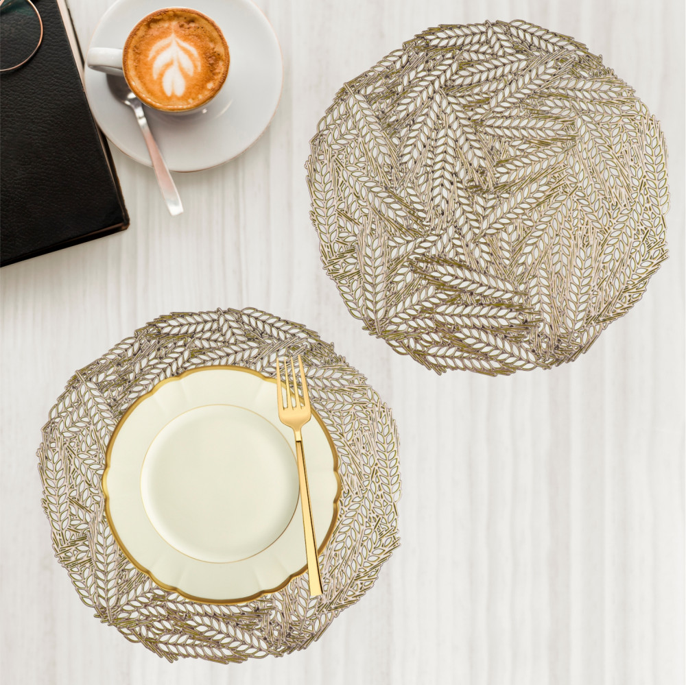 Kuber Industries Side Table Mats | Table Mat For Bedroom | Bed-Side Table Mat | Center Table Mat | Table Dining Mat | Table Runner Mat | Round Leaf-Design | 2 Piece Set | Golden