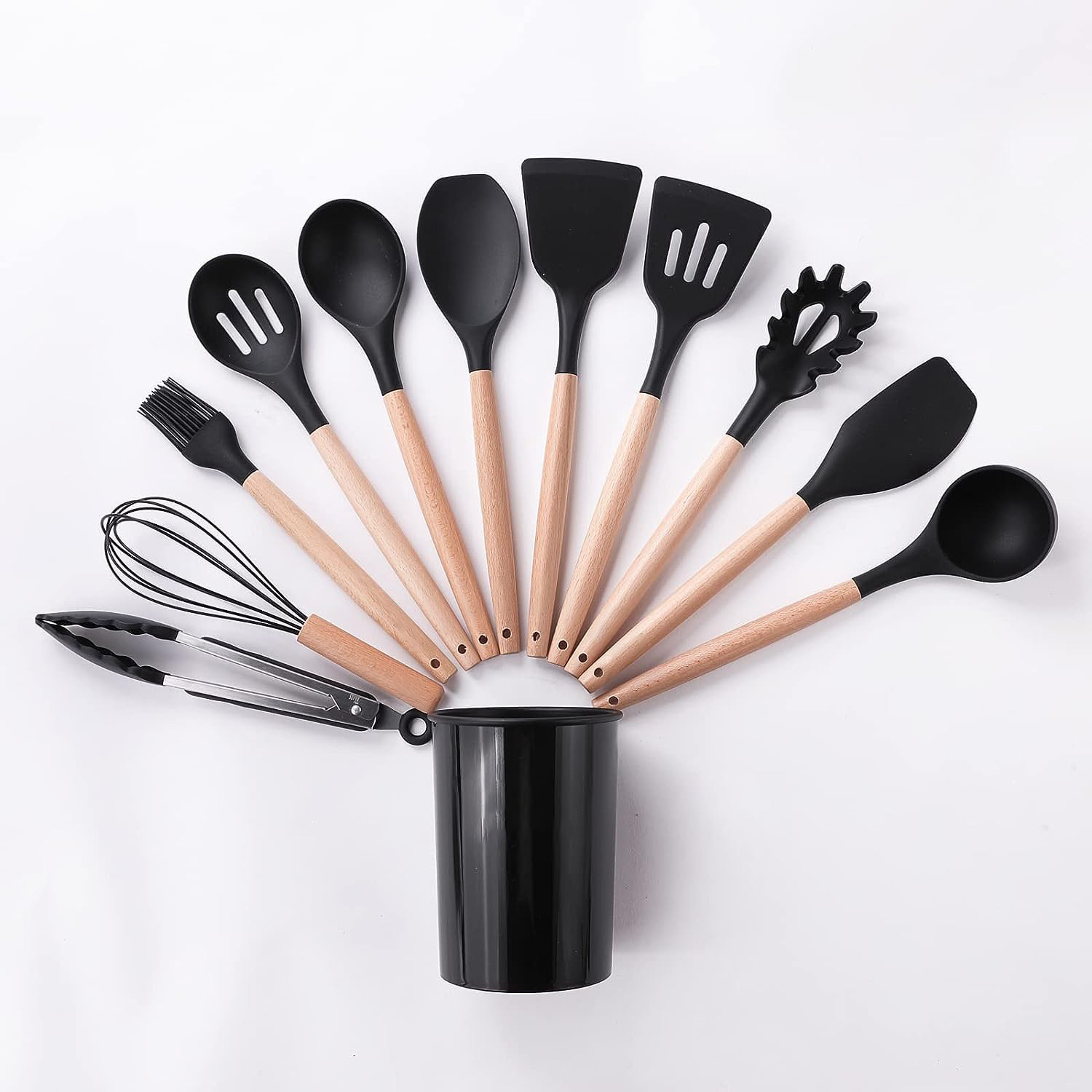 Kuber Industries Silicon Spatula Set | Flexible Kitchen Utensil Set | Spatula for Cooking | Non-Stick Spatula | Heat Resistant Spatula With Wooden Handle | DSSH001-2 | Set of 12 | Black
