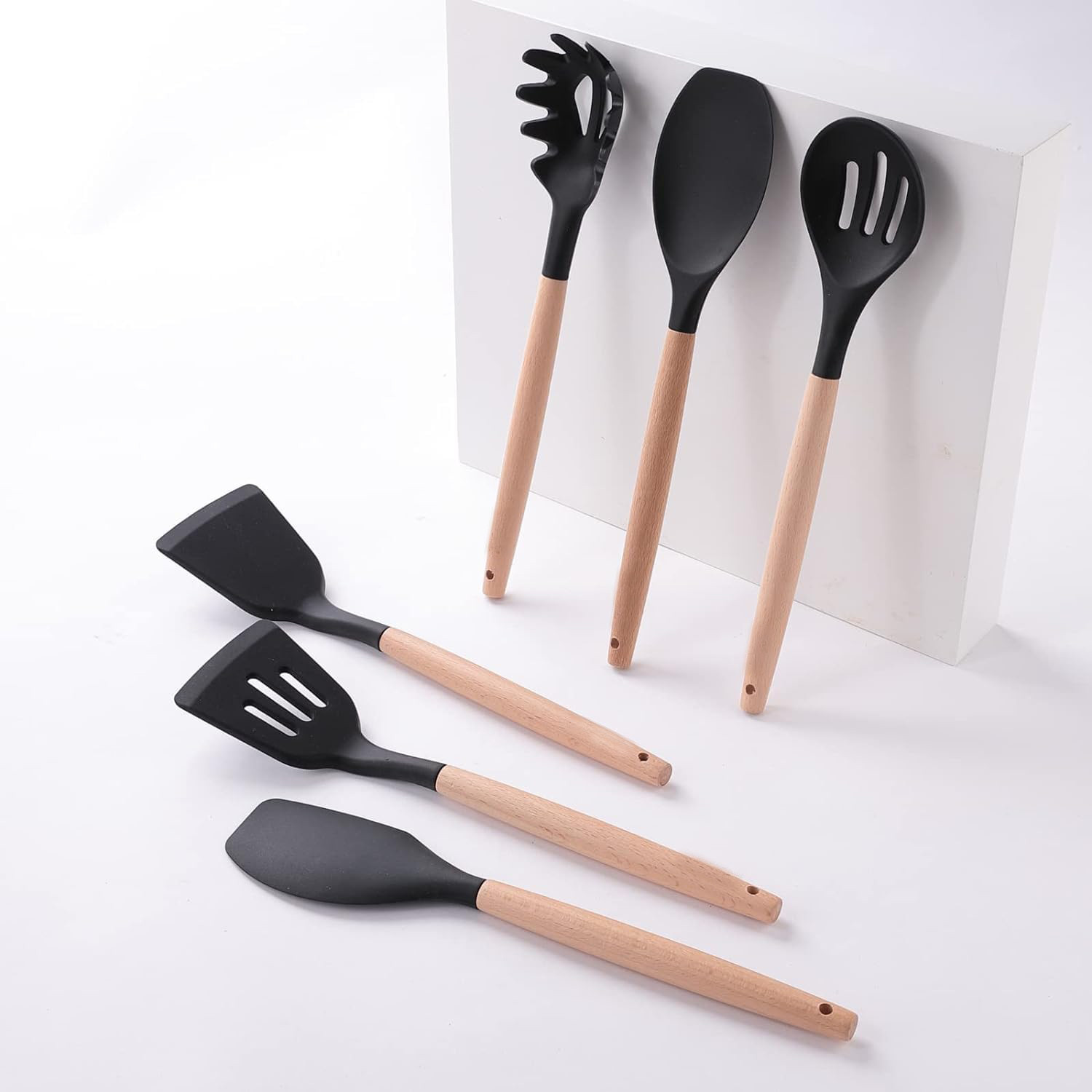 Kuber Industries Silicon Spatula Set | Flexible Kitchen Utensil Set | Spatula for Cooking | Non-Stick Spatula | Heat Resistant Spatula With Wooden Handle | DSSH001-2 | Set of 12 | Black